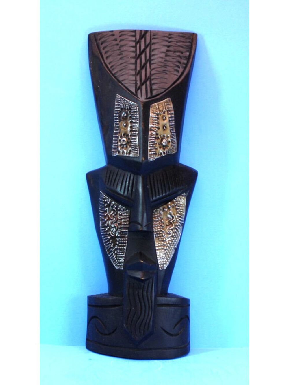 Vtg Handcrafted Wooden Tribal Sculpture Accent Hammered Metal Plates Ghana 15"